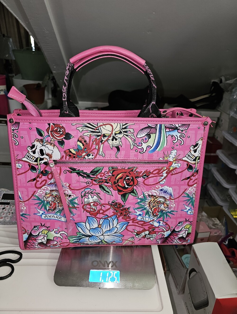Ed Hardy Pink and Blue Denim Tote Bag with Tattoo Skull Motif - Picture 3 of 3